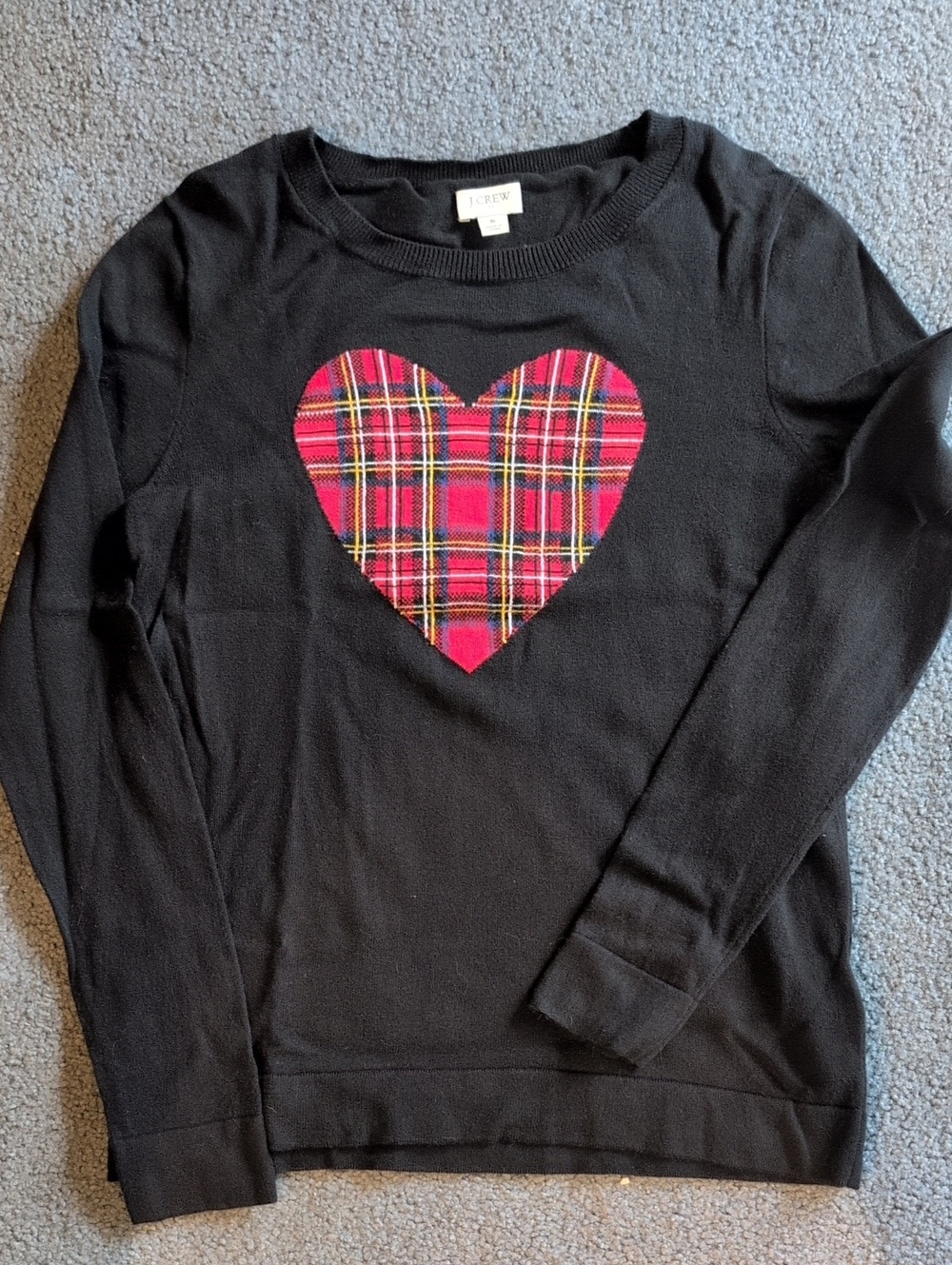 J. Crew Black Crewneck Sweater with Red Plaid Heart